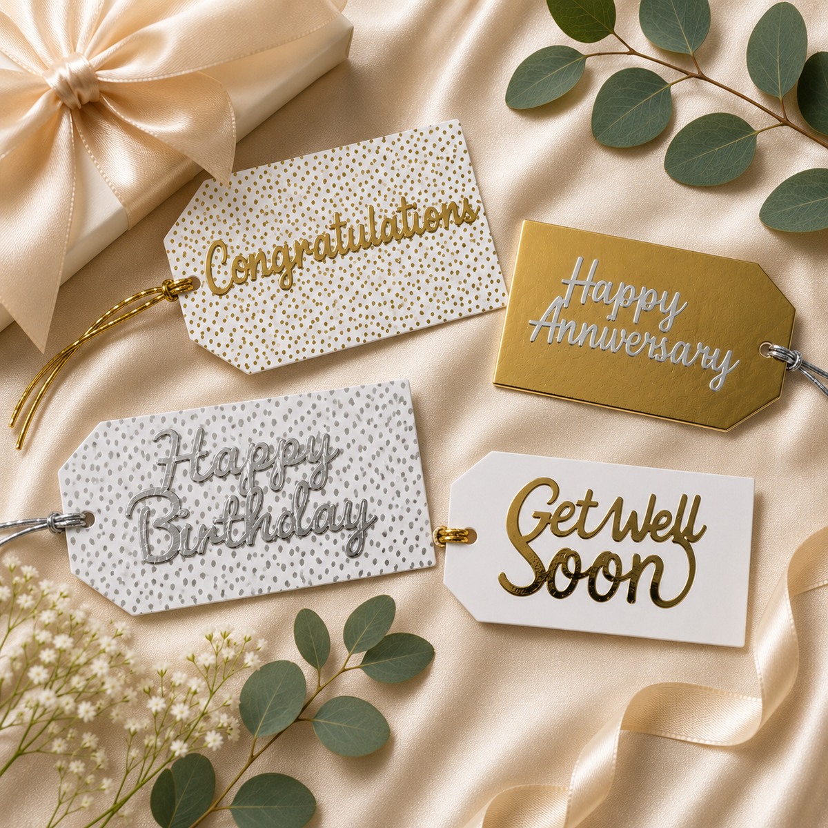 Representative selection of handmade gift tags by Elevated Giving Co displayed in a styled flat lay. This image showcases a few of the many thoughtful gift tag designs available in our collection.