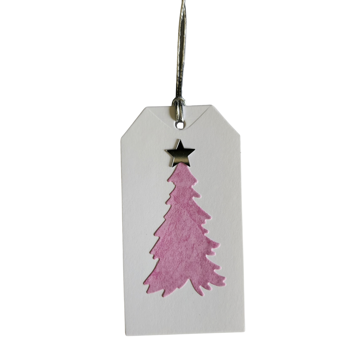 White handmade Christmas gift tag with dimensional pink tree and metallic star.