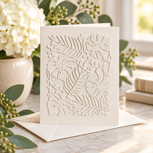 Main product photo: Ivory 5 × 7 blank notecard featuring raised tropical leaves and floral embossing with matching envelope.



Lifestyle photo: Elegant ivory tropical botanical embossed notecard displayed with matching envelope and white flowers.
