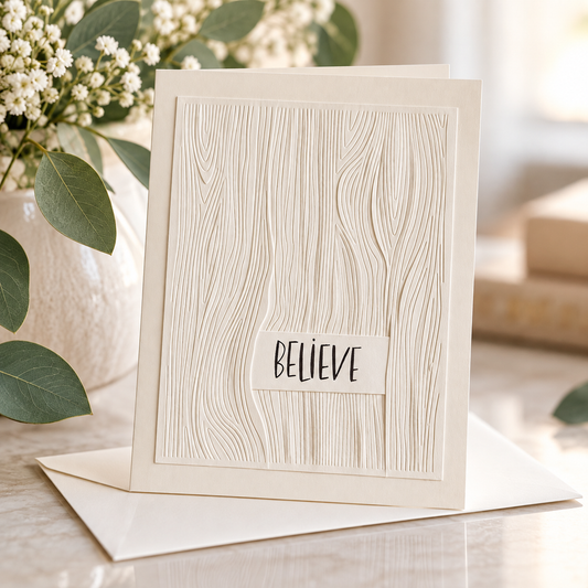 Believe ivory woodgrain embossed notecard styled with matching envelope, eucalyptus greenery, and delicate white flowers.