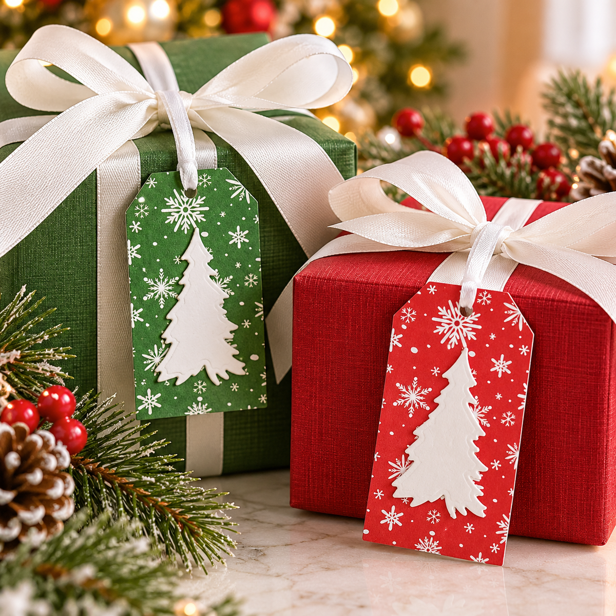 Red and Green Snowflake Christmas Tree Gift Tags - Set of 6