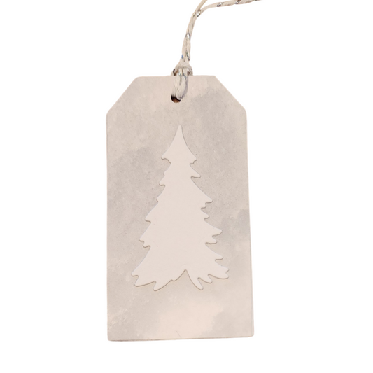 Winter Frost Christmas Tree handmade gift tag featuring a dimensional white Christmas tree on a soft gray-and-white background with white and silver cord.