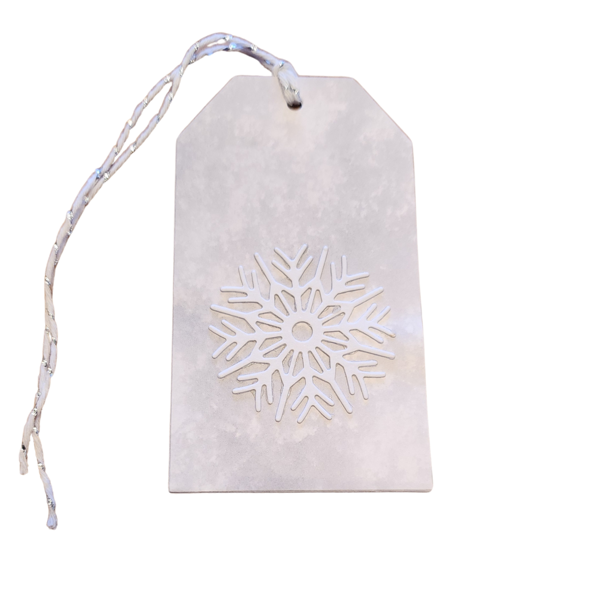 Winter Frost handmade gift tag featuring a dimensional white snowflake on a soft gray-and-white background with white and silver cord.